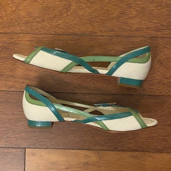 PRADA NWOT Teal Mint Green Blue Cream White Open Toe Flats Sandals Patent - Picture 3 of 5
